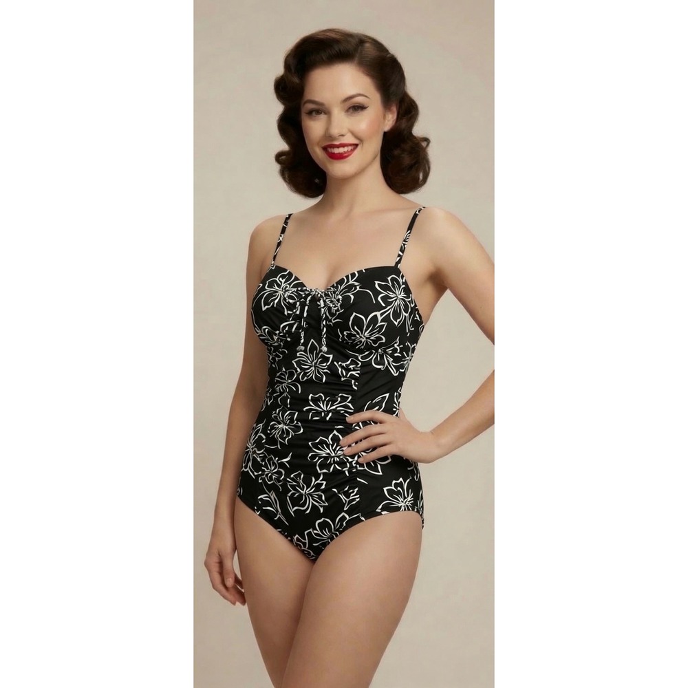 Suit Yourself Tummy Thinner One Piece Swimsuit Black White Floral Ruched Size 14